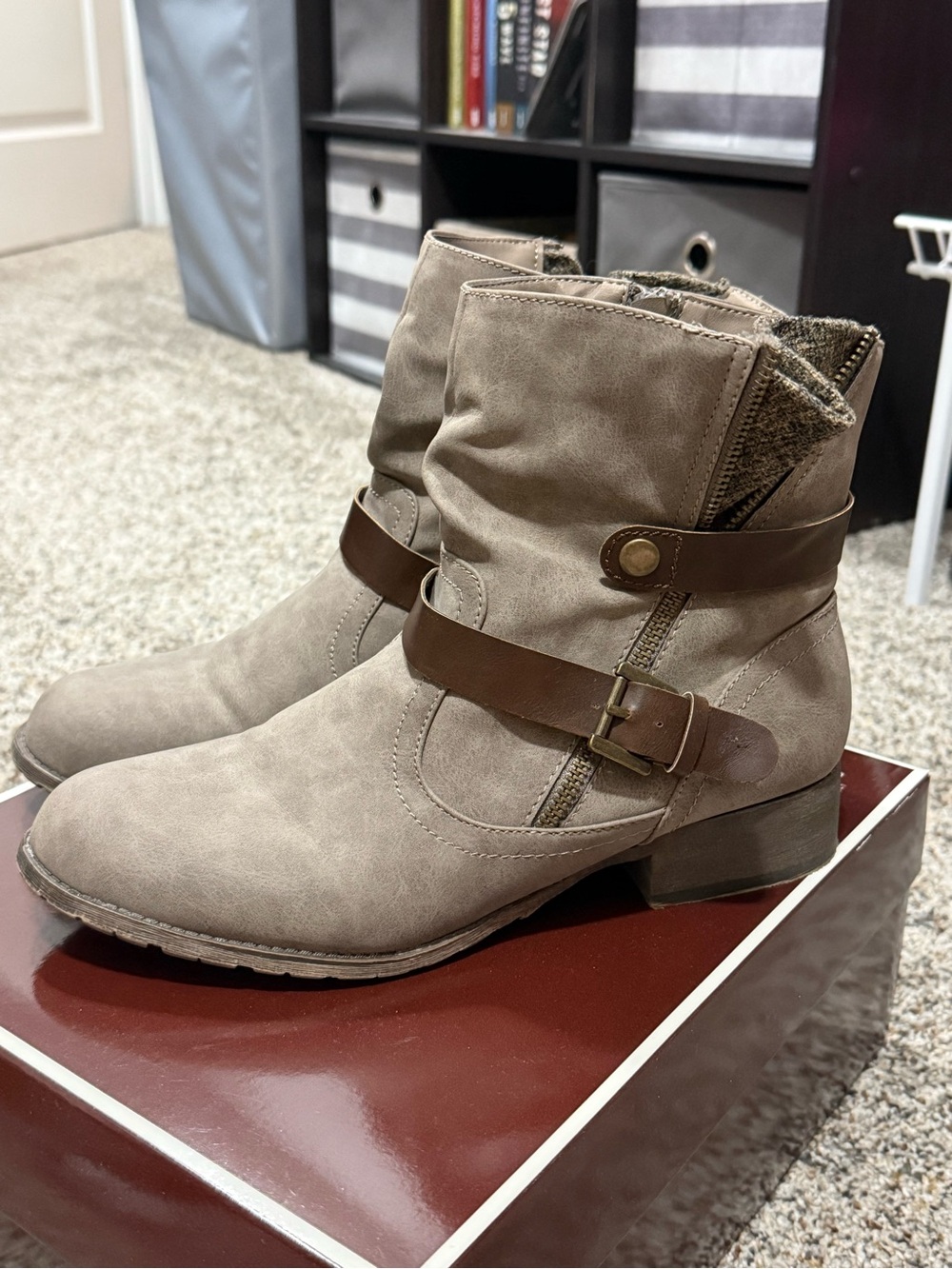 Mauriceโs Taupe Suede Ankle Boots with Brown Strap - Women